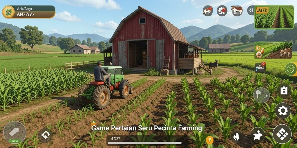 Screenshot AN777 menampilkan suasana ladang yang indah dan aktivitas bertani yang seru.