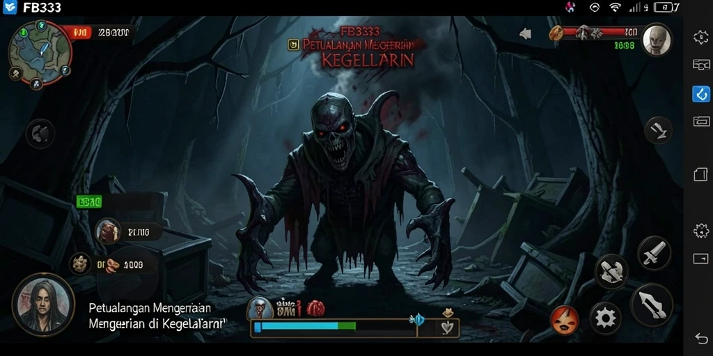 Screenshot utama FB333 menampilkan suasana mencekam dengan gameplay intens.
