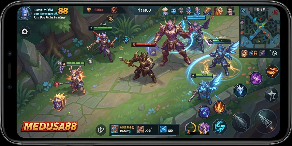 Tangkapan layar gameplay mendebarkan dari MEDUSA88 yang menampilkan strategi tim MOBA.