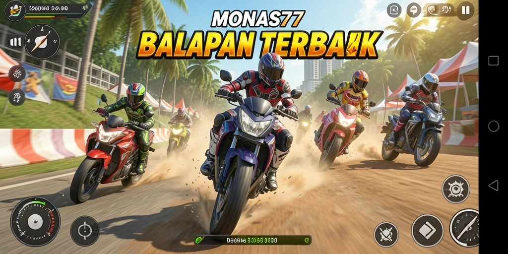Tampilan gameplay MONAS77 dengan aksi balapan motor yang mendebarkan.