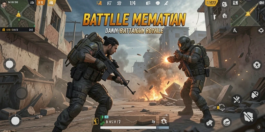 Tampilan aksi seru dalam gameplay Battle Royale RK77.