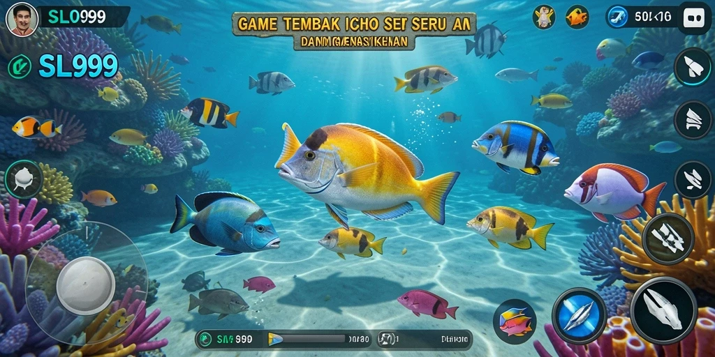Tangkapan layar gameplay SL999 yang menunjukkan aksi menembak ikan.